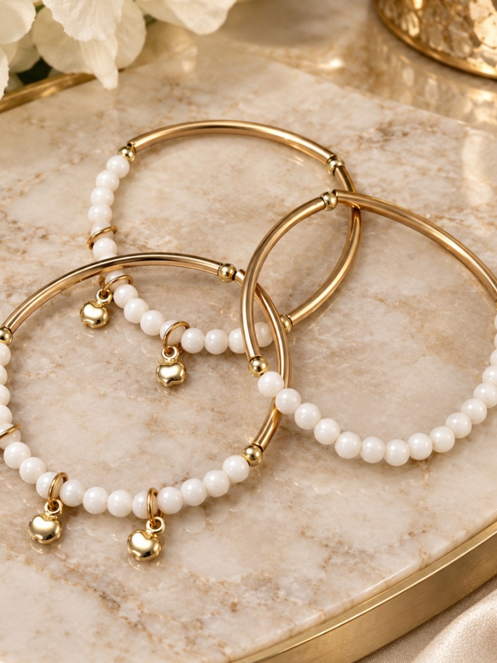 Gold & White Beaded Charm Bracelet Set